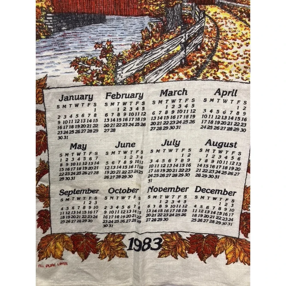 Vintage Tea Towel‎ Calendar White 1983 Covered Bridge Fall Linen Cottage